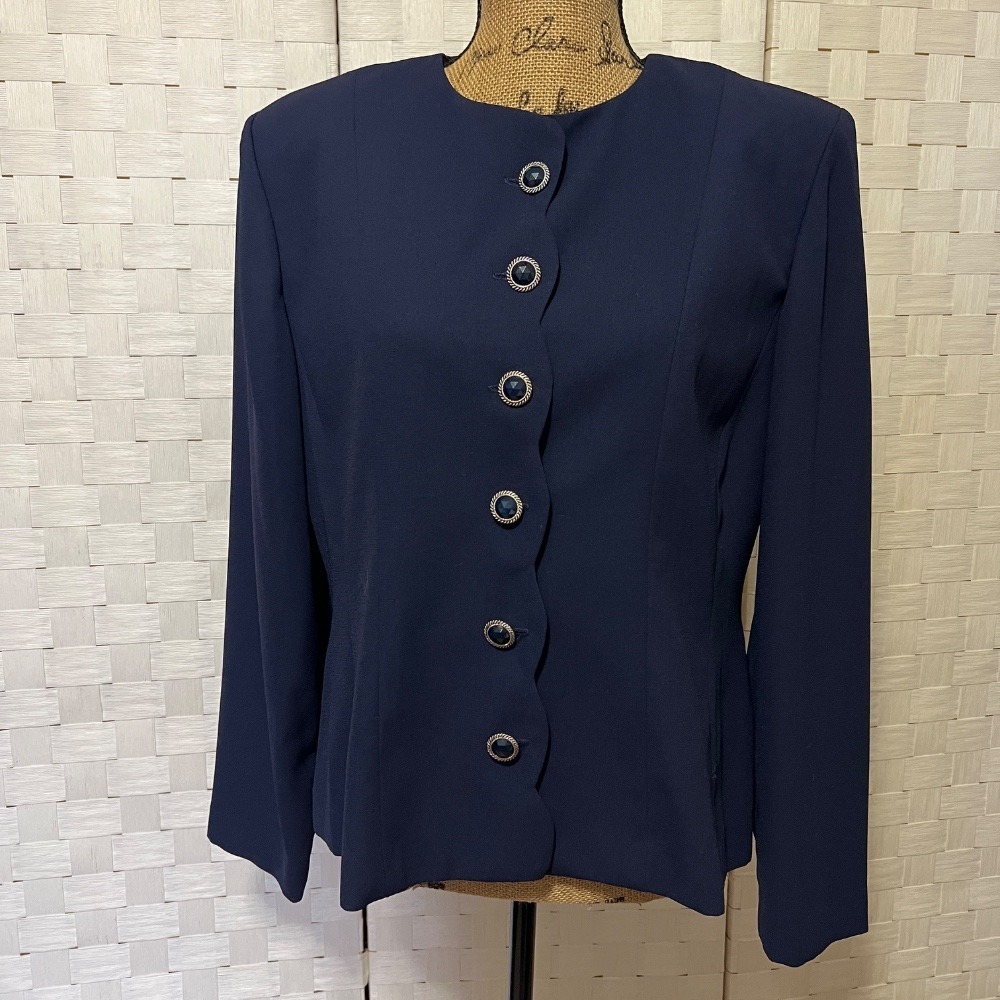 Leslie Fay Navy Button Front Blouse Career Office Jacket Women's Size 14